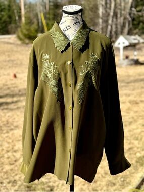 Inspire Olive Green Embroidered Button-Down Blouse